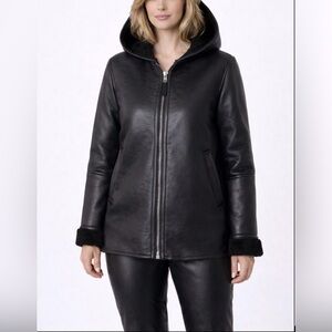 Bearpaw Faux Leather Sherpa Full Zip Hooded Women’s Black Jacket Sz L NWT